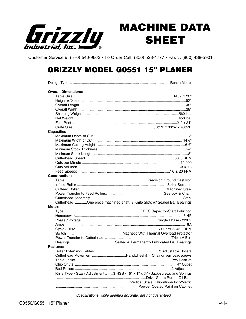 Machine data sheet | Grizzly G0550/G0551 User Manual | Page 43 / 56