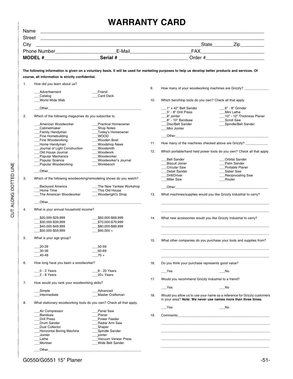 Warranty card, Cut along dotted line | Grizzly G0550/G0551 User Manual | Page 53 / 56
