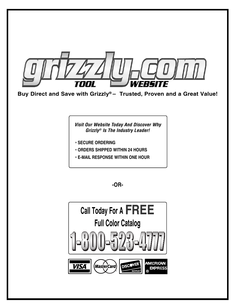 Free, Call today for a, Full color catalog | Grizzly G0550/G0551 User Manual | Page 56 / 56