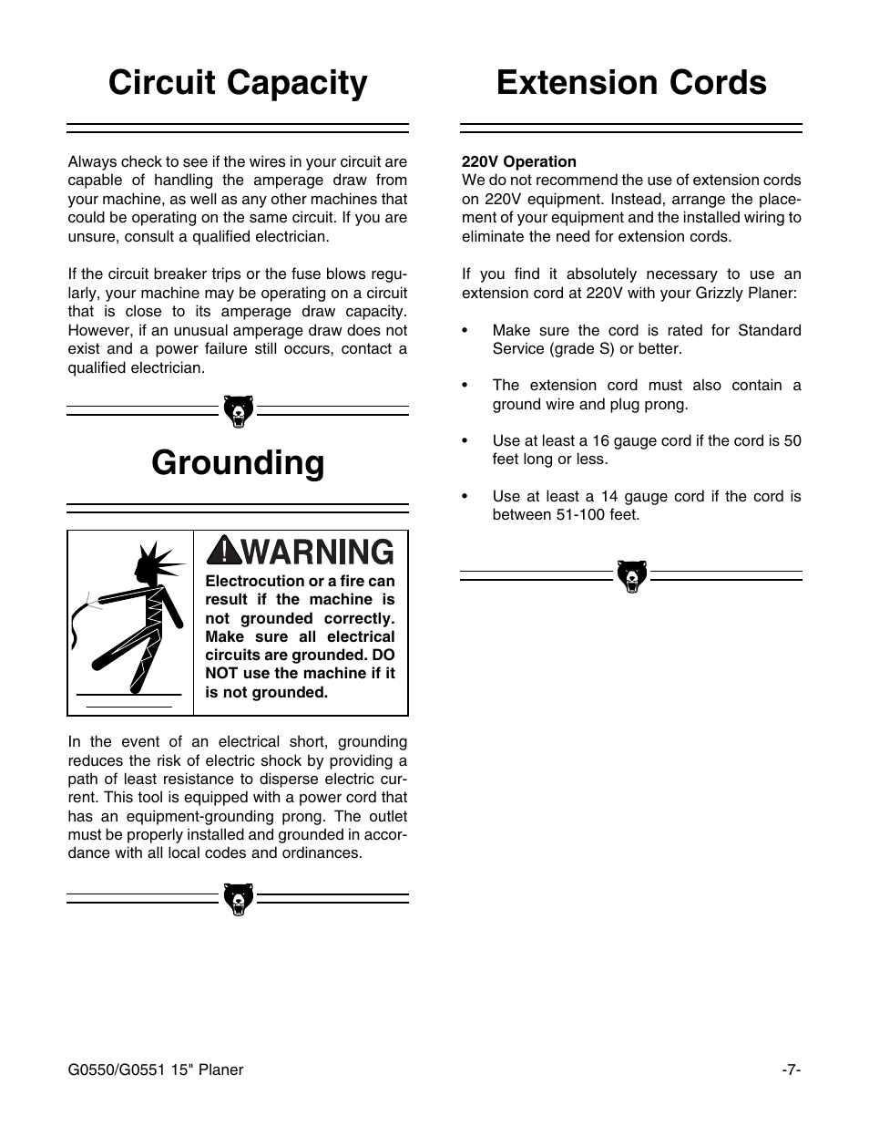 Extension cords grounding circuit capacity | Grizzly G0550/G0551 User Manual | Page 9 / 56