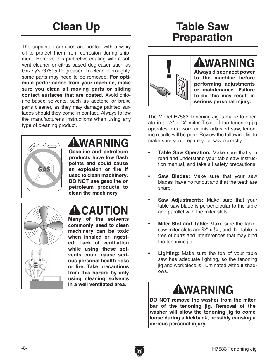 Clean up, Table saw preparation | Grizzly H7583 User Manual | Page 10 / 28
