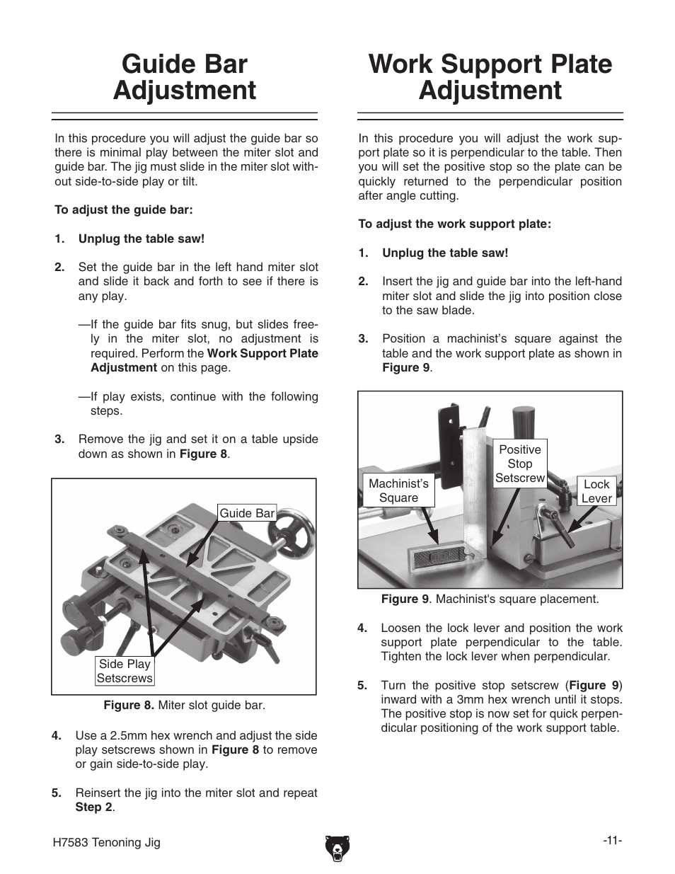 Guide bar adjustment, Work support plate adjustment | Grizzly H7583 User Manual | Page 13 / 28