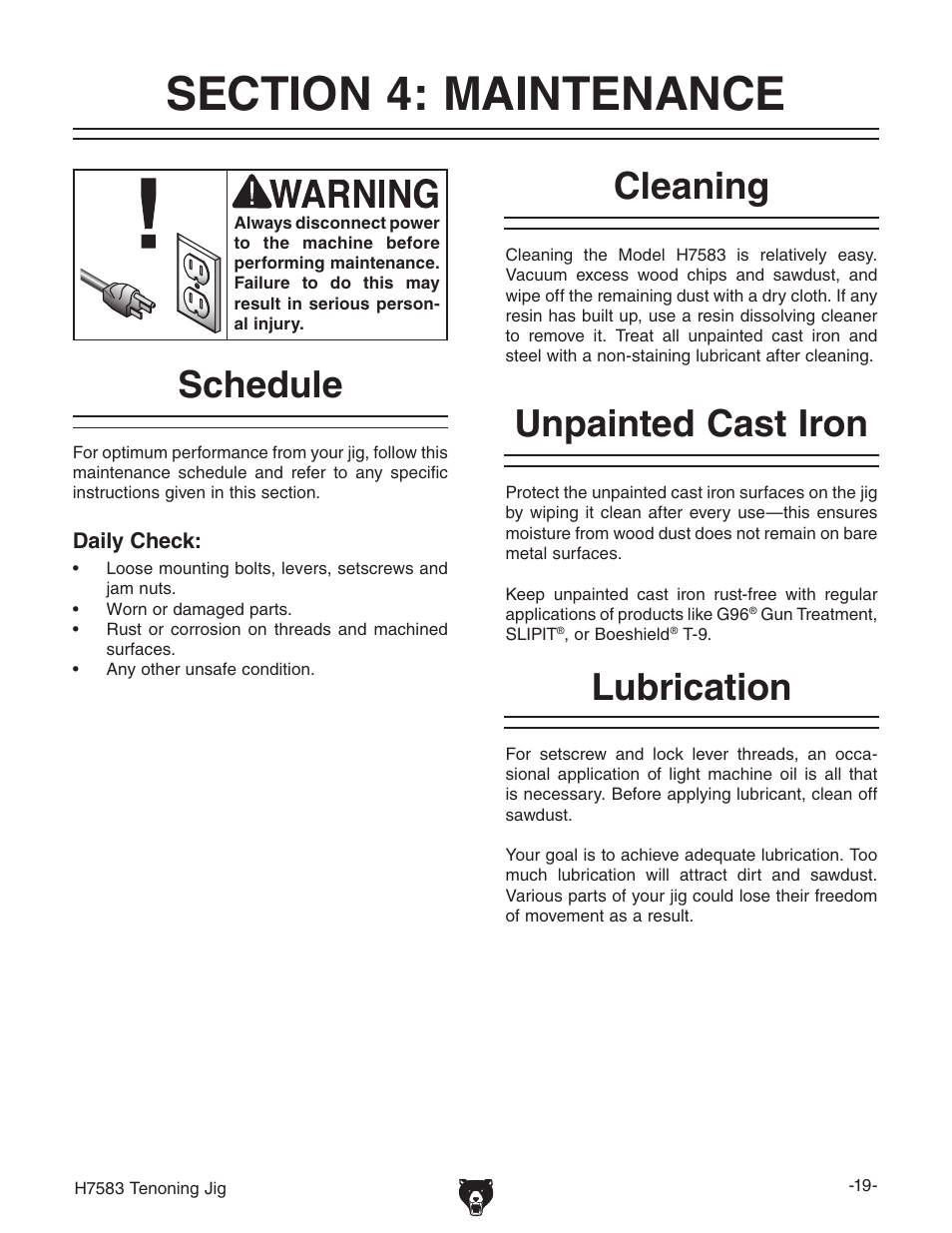 Lubrication, Cleaning, Unpainted cast iron | Schedule | Grizzly H7583 User Manual | Page 21 / 28