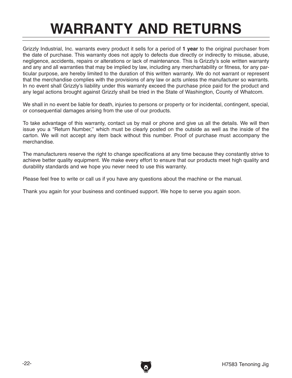 Warranty and returns | Grizzly H7583 User Manual | Page 24 / 28