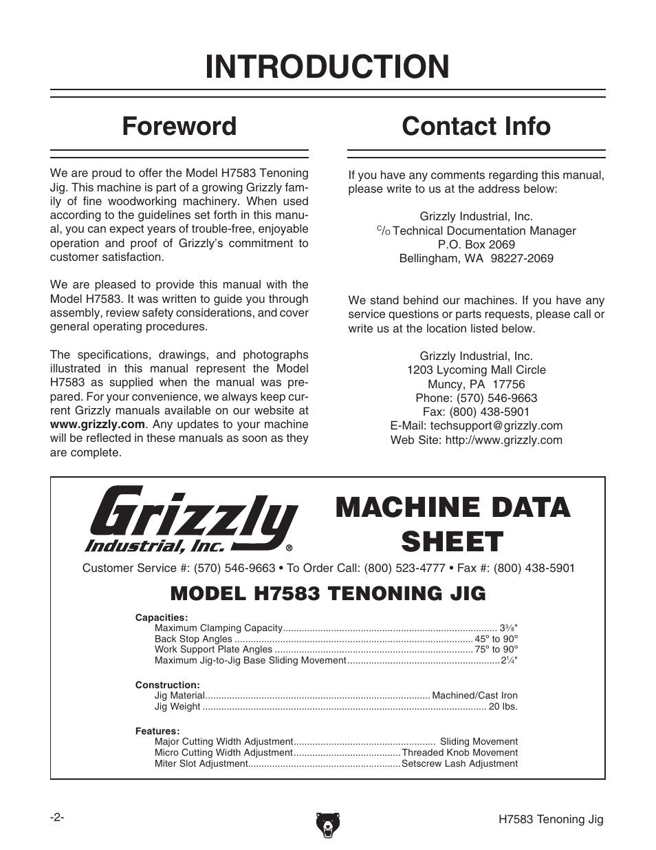 Introduction, Machine data sheet, Foreword | Contact info, Model h7583 tenoning jig | Grizzly H7583 User Manual | Page 4 / 28