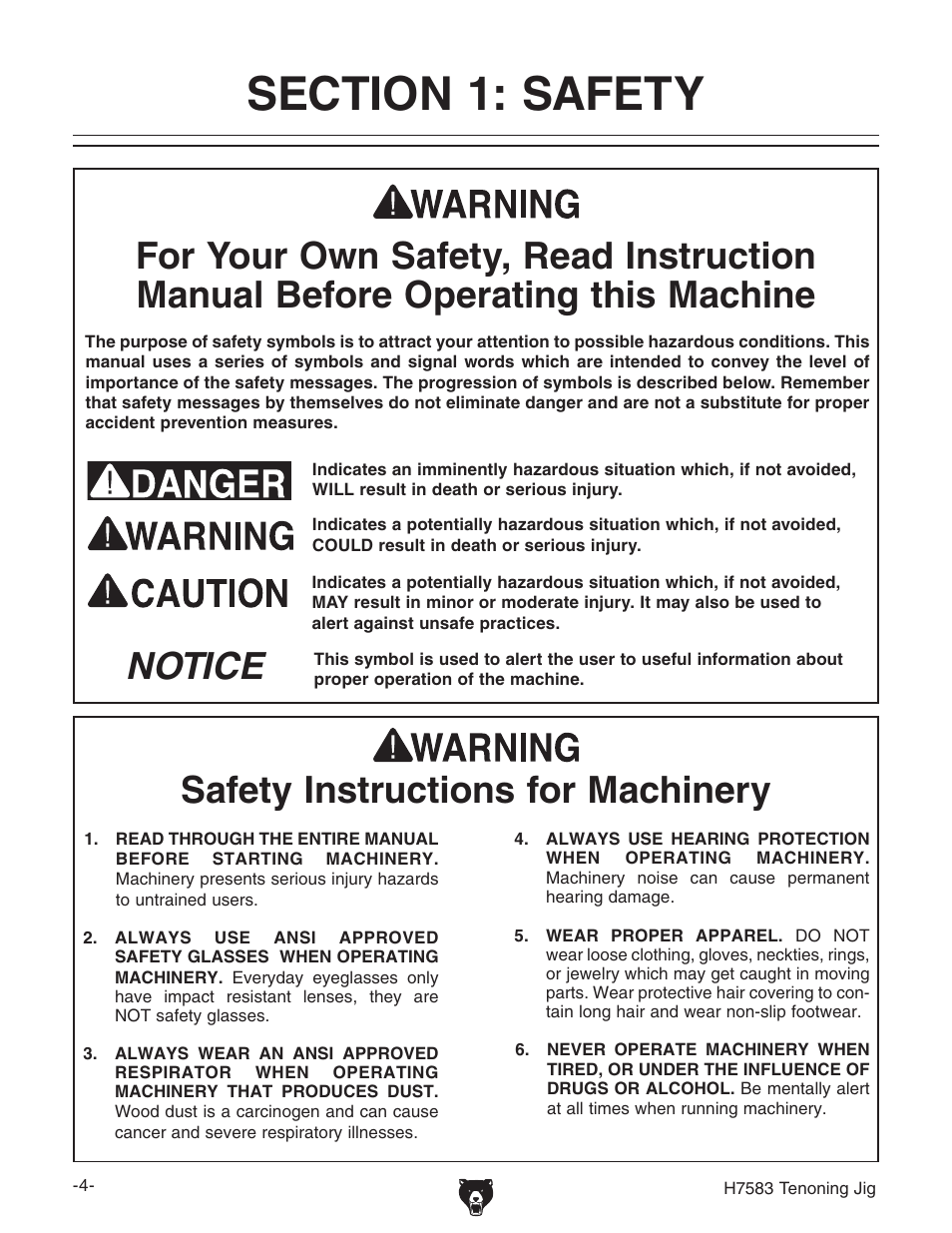 Notice safety instructions for machinery | Grizzly H7583 User Manual | Page 6 / 28