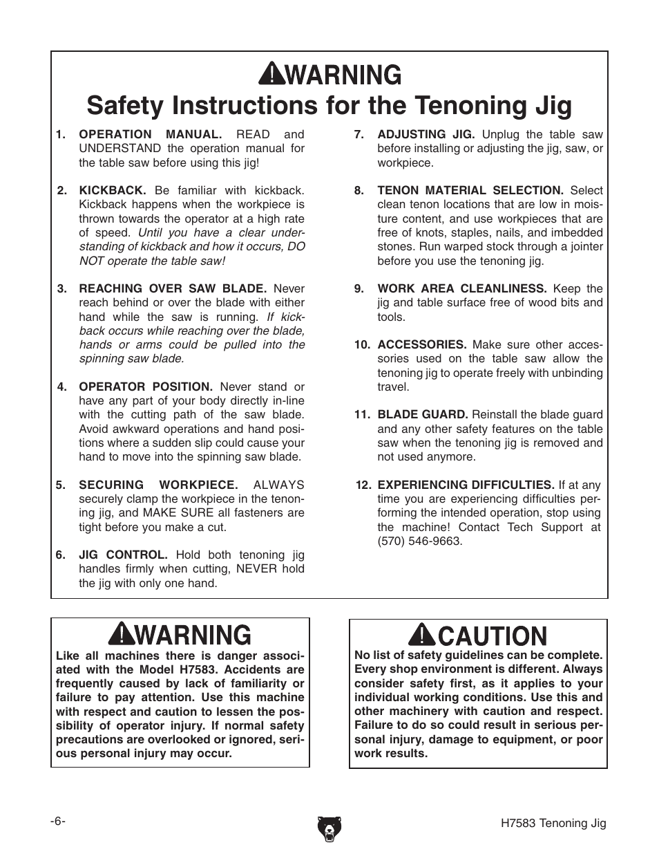 Safety instructions for the tenoning jig | Grizzly H7583 User Manual | Page 8 / 28