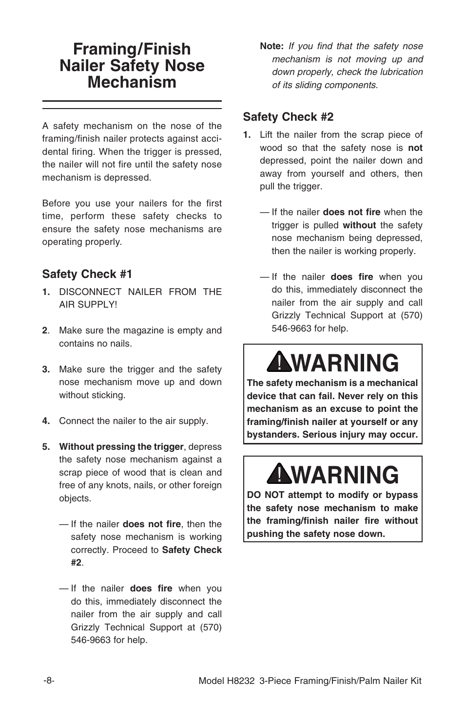 Framing/finish nailer safety nose mechanism, Safety check #1, Safety check #2 | Grizzly 3-Piece Framing/Finish/Palm Nailer Kit H8232 User Manual | Page 10 / 24