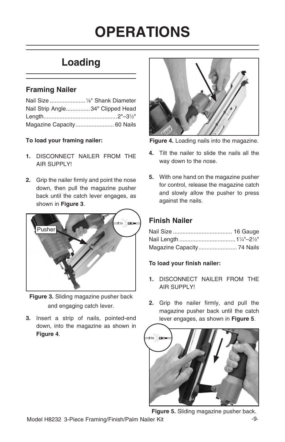 Operations, Loading, Framing nailer | Finish nailer | Grizzly 3-Piece Framing/Finish/Palm Nailer Kit H8232 User Manual | Page 11 / 24
