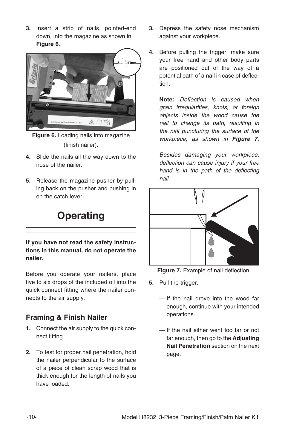 Operating, Framing & finish nailer | Grizzly 3-Piece Framing/Finish/Palm Nailer Kit H8232 User Manual | Page 12 / 24