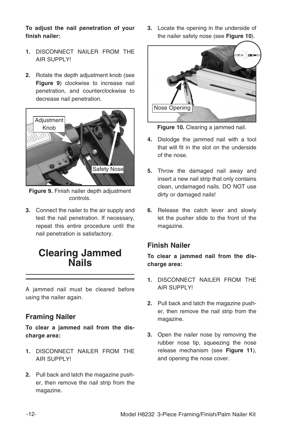 Clearing jammed nails, Finish nailer, Framing nailer | Grizzly 3-Piece Framing/Finish/Palm Nailer Kit H8232 User Manual | Page 14 / 24