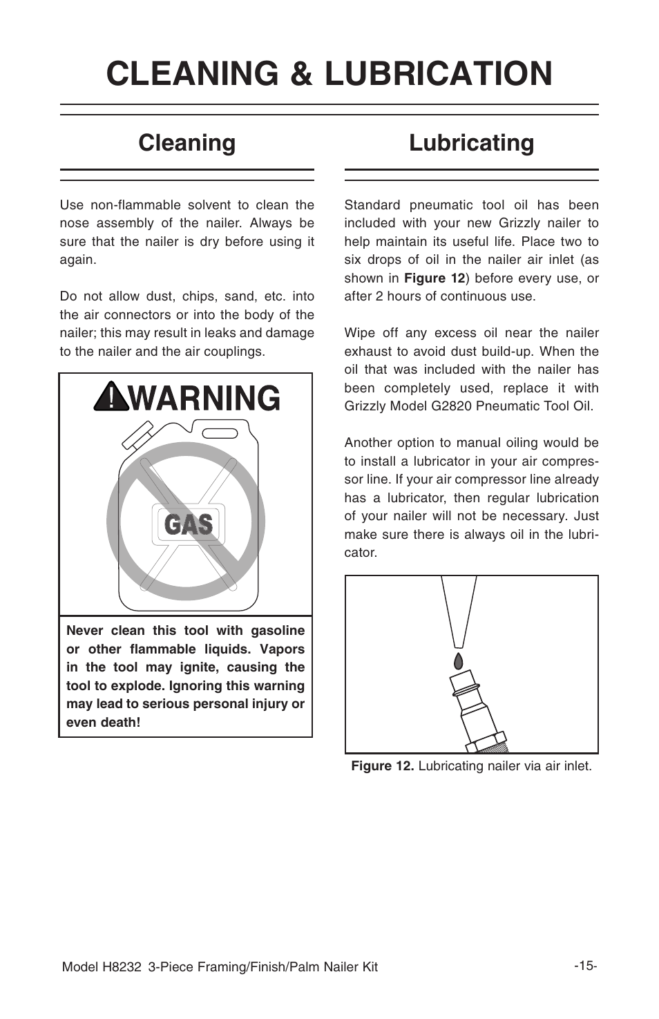 Cleaning & lubrication, Cleaning, Lubricating | Grizzly 3-Piece Framing/Finish/Palm Nailer Kit H8232 User Manual | Page 17 / 24