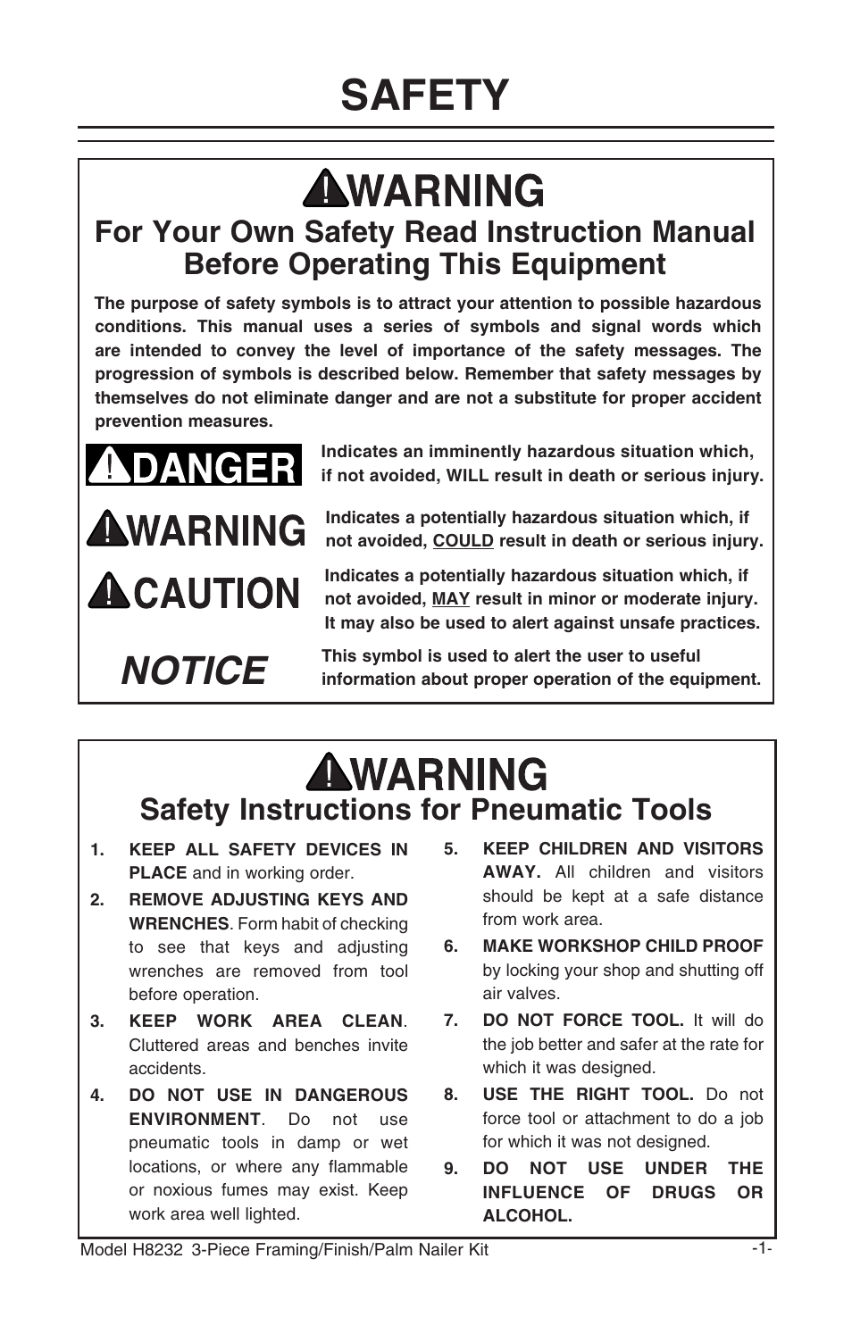 Safety, Notice, Safety instructions for pneumatic tools | Grizzly 3-Piece Framing/Finish/Palm Nailer Kit H8232 User Manual | Page 3 / 24