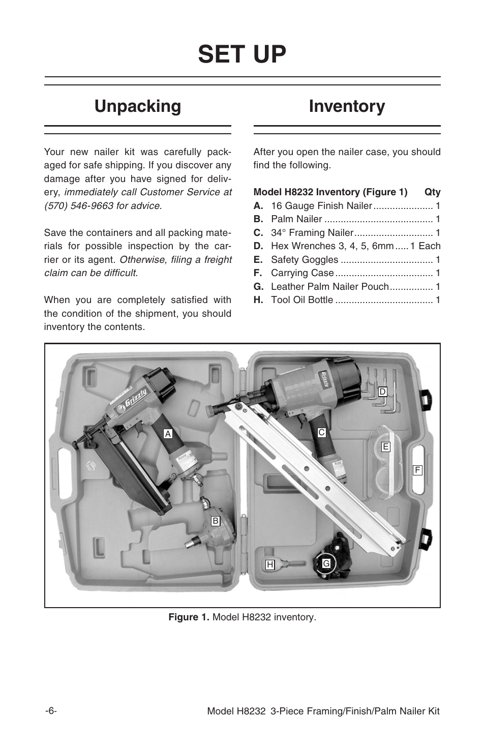 Set up, Inventory, Unpacking | Grizzly 3-Piece Framing/Finish/Palm Nailer Kit H8232 User Manual | Page 8 / 24