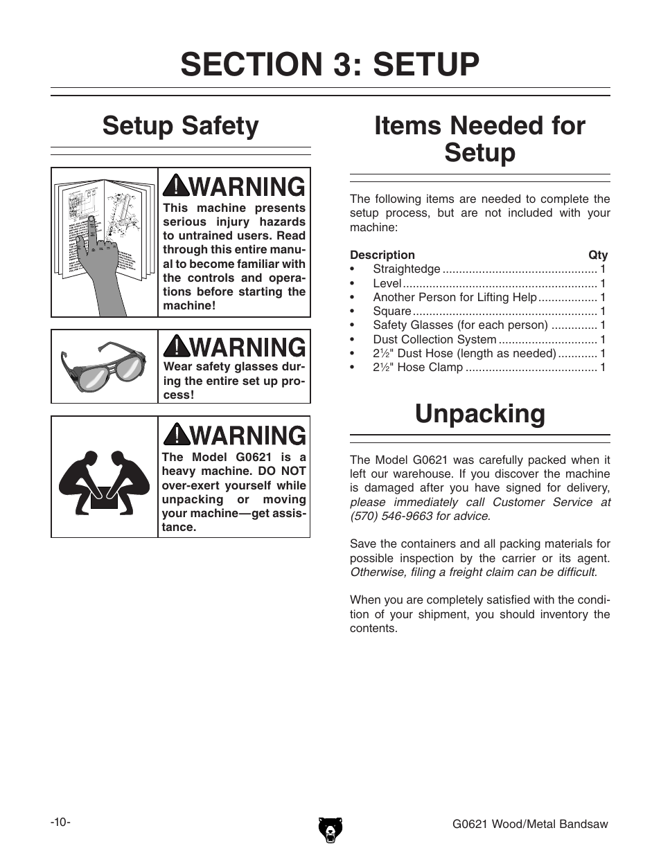 Setup safety, Items needed for setup, Unpacking | Grizzly G0621 User Manual | Page 12 / 60