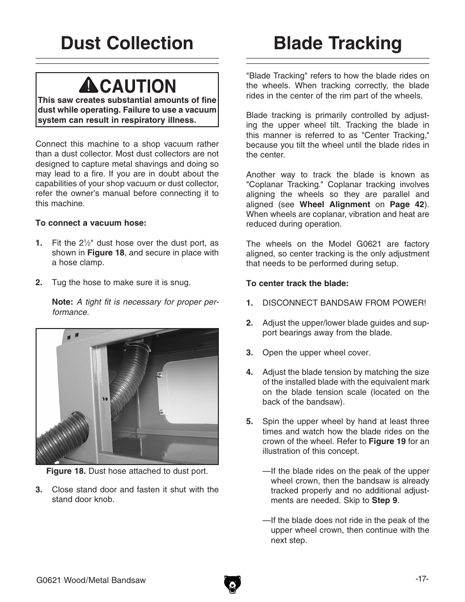 Blade tracking, Dust collection | Grizzly G0621 User Manual | Page 19 / 60