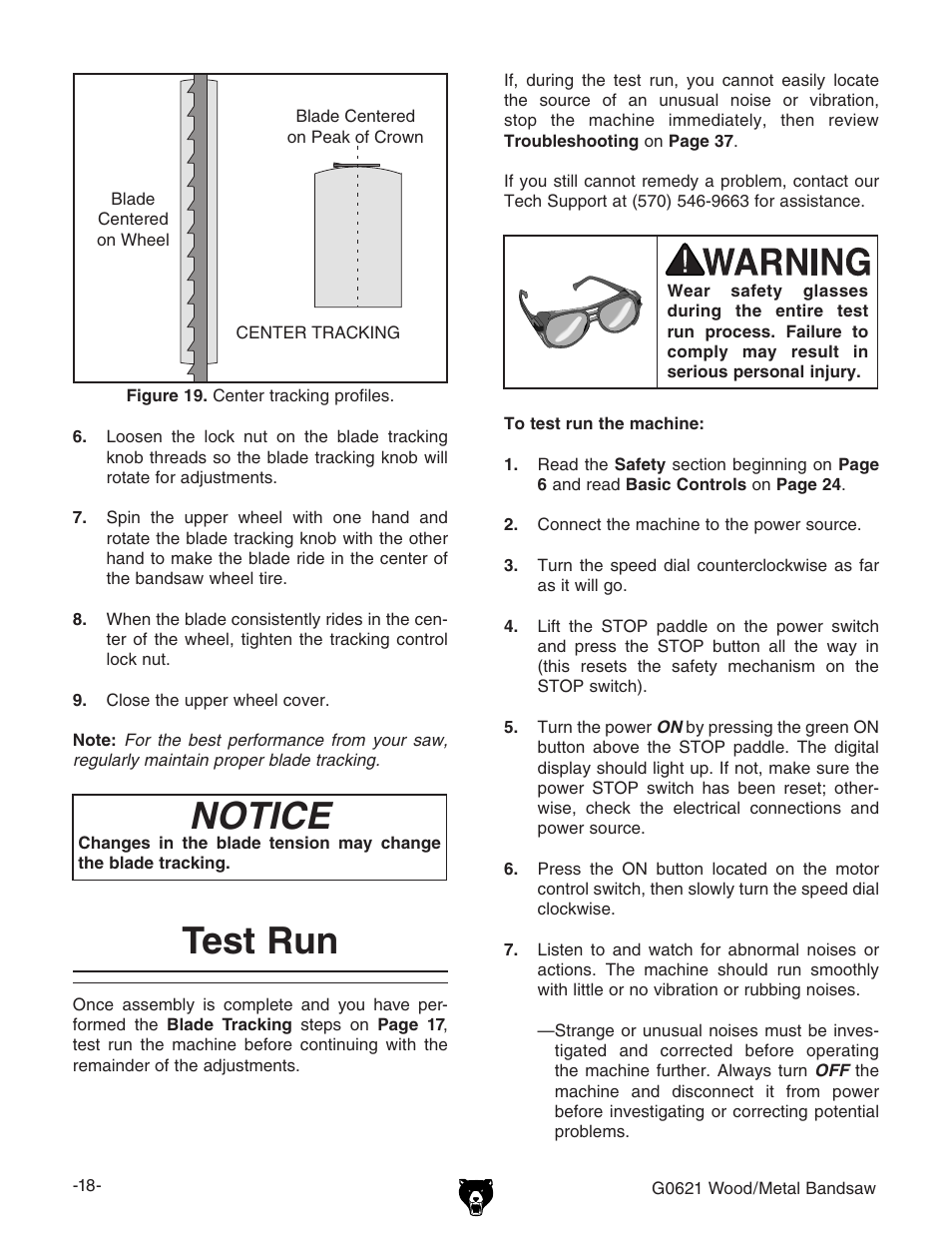 Notice, Test run | Grizzly G0621 User Manual | Page 20 / 60