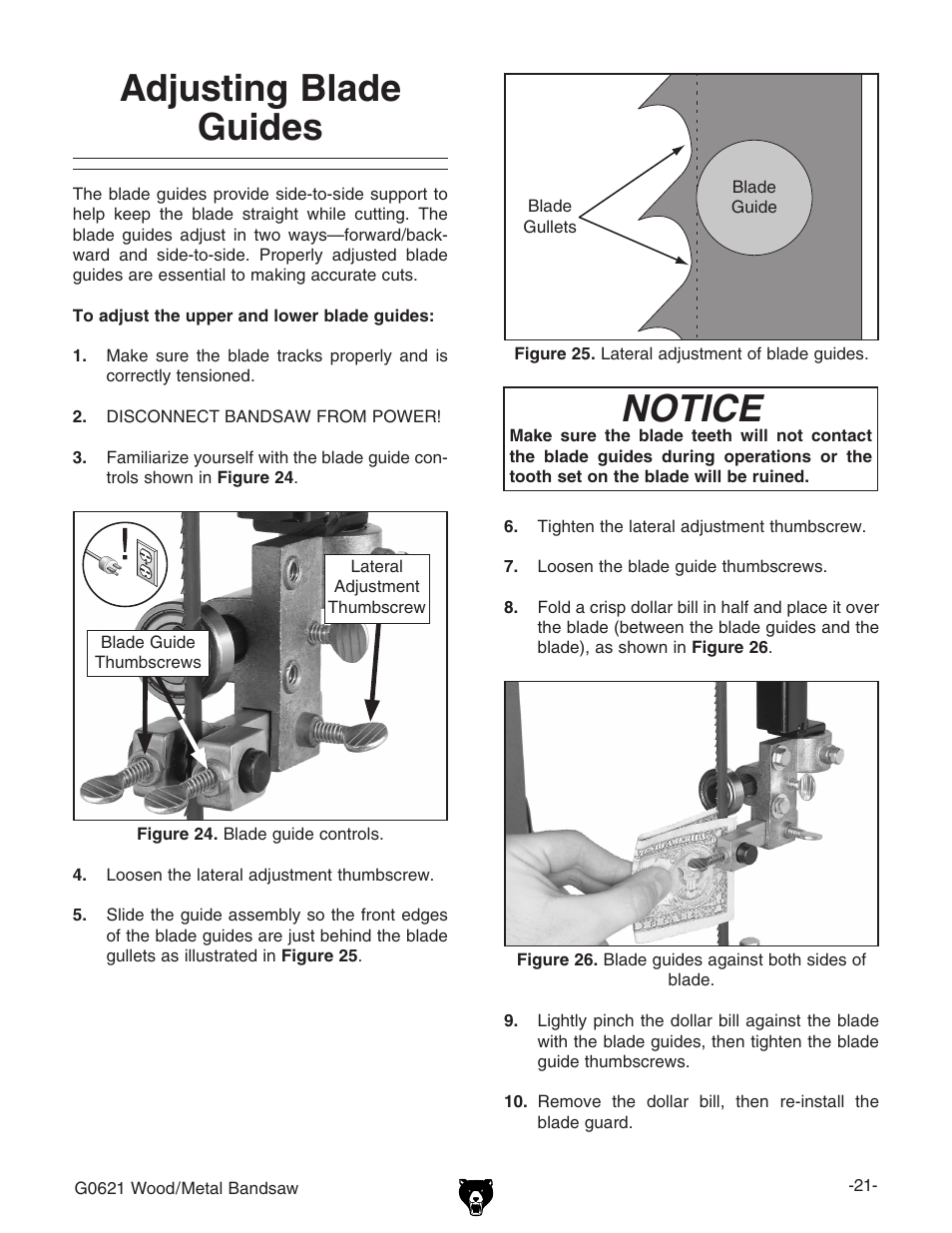 Notice, Adjusting blade guides | Grizzly G0621 User Manual | Page 23 / 60