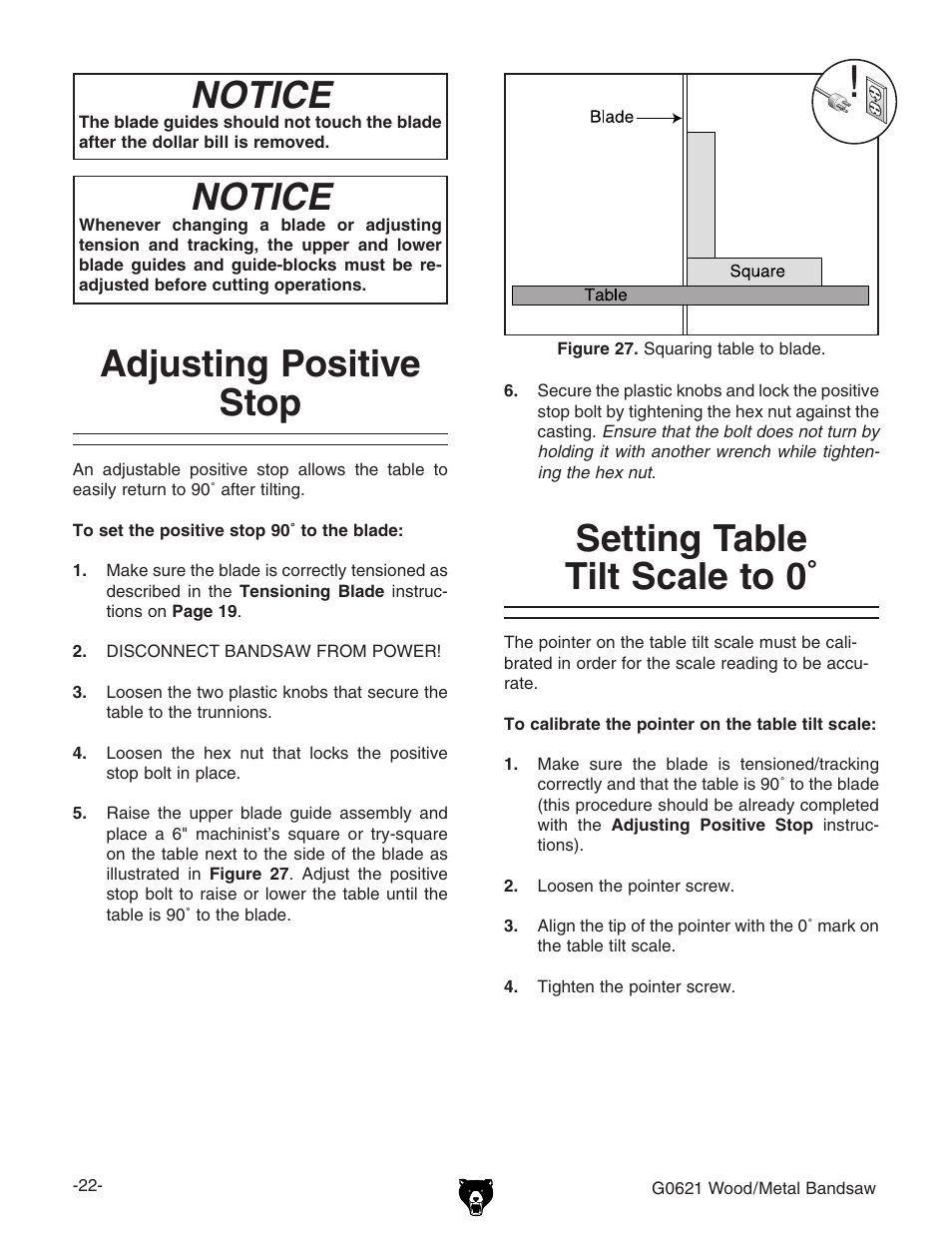 Notice, Adjusting positive stop, Setting table tilt scale to 0 | Grizzly G0621 User Manual | Page 24 / 60