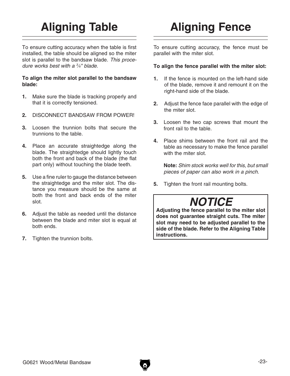 Aligning table aligning fence notice | Grizzly G0621 User Manual | Page 25 / 60