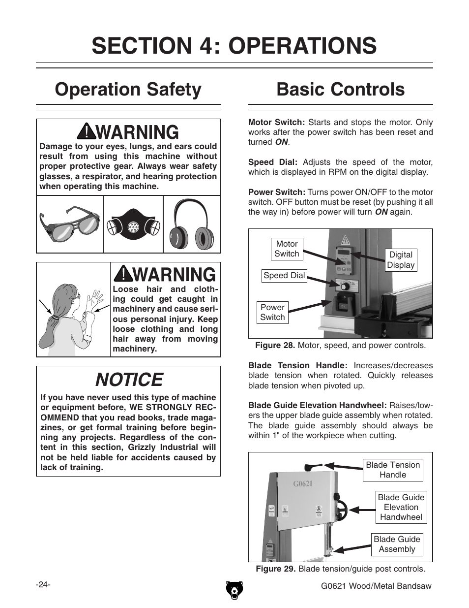 Operation safety, Notice, Basic controls | Grizzly G0621 User Manual | Page 26 / 60