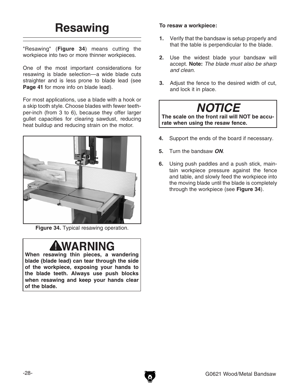 Notice, Resawing | Grizzly G0621 User Manual | Page 30 / 60