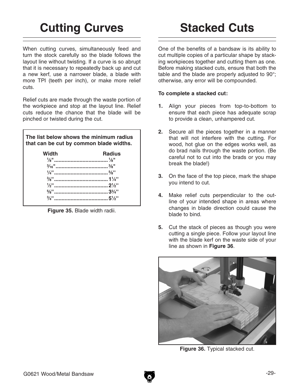 Cutting curves stacked cuts | Grizzly G0621 User Manual | Page 31 / 60