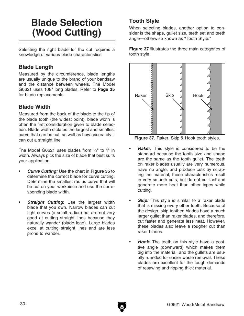 Blade selection (wood cutting) | Grizzly G0621 User Manual | Page 32 / 60