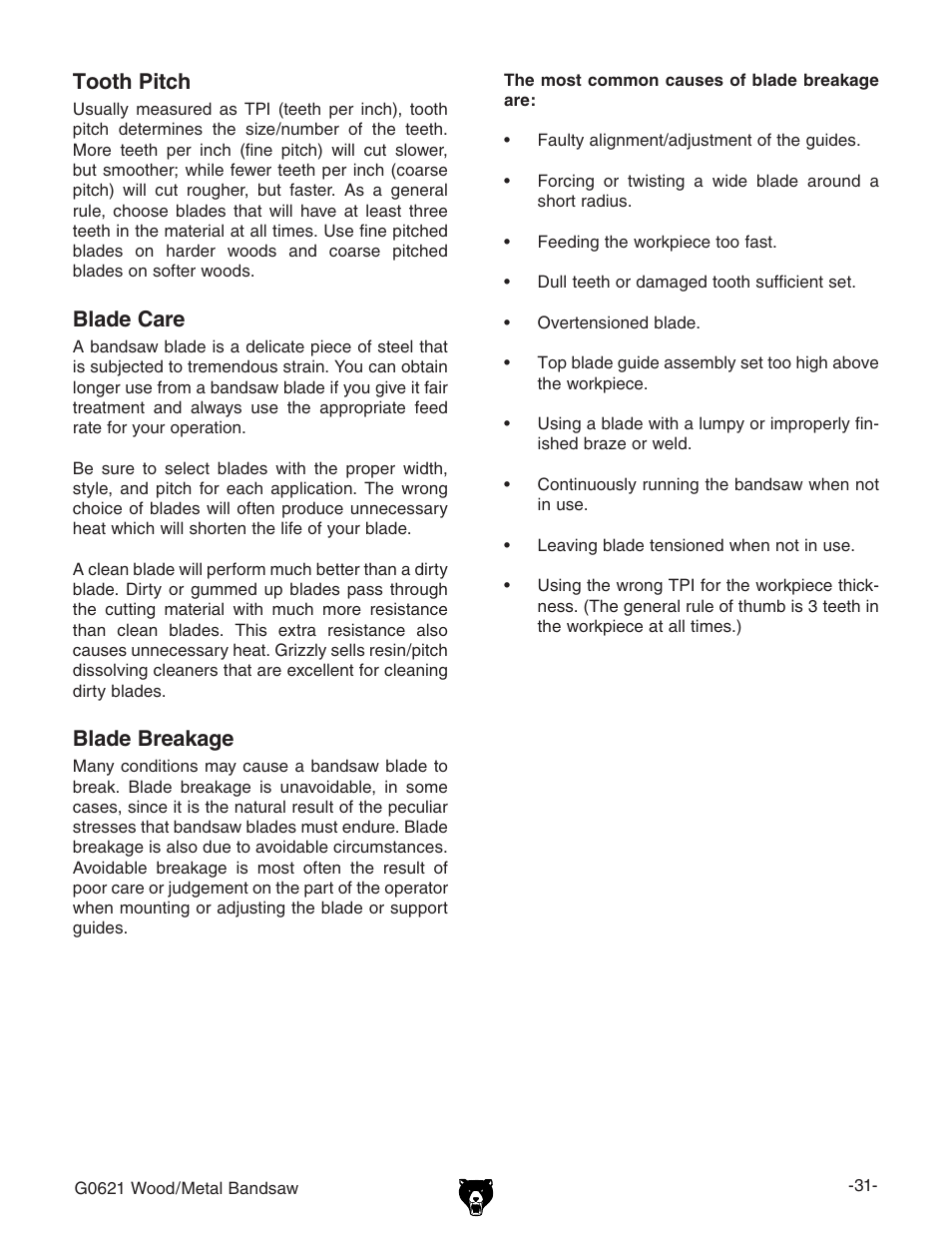 Tooth pitch, Blade care, Blade breakage | Grizzly G0621 User Manual | Page 33 / 60