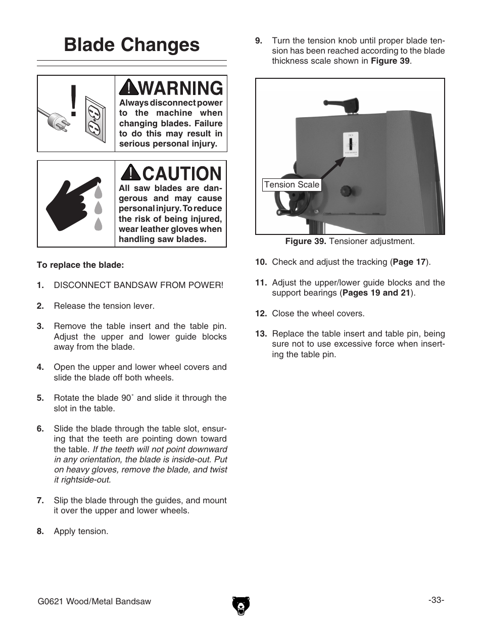 Blade changes | Grizzly G0621 User Manual | Page 35 / 60