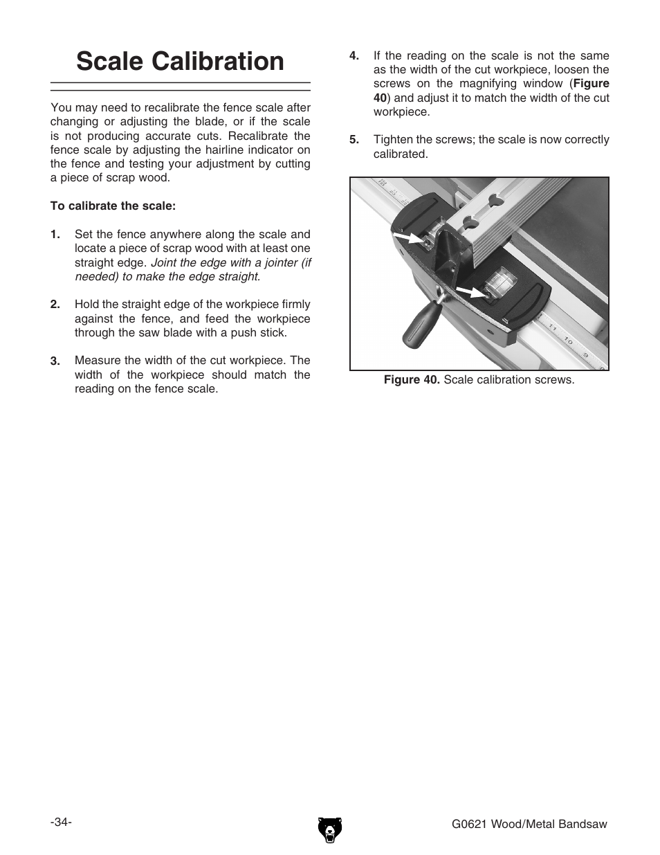 Scale calibration | Grizzly G0621 User Manual | Page 36 / 60