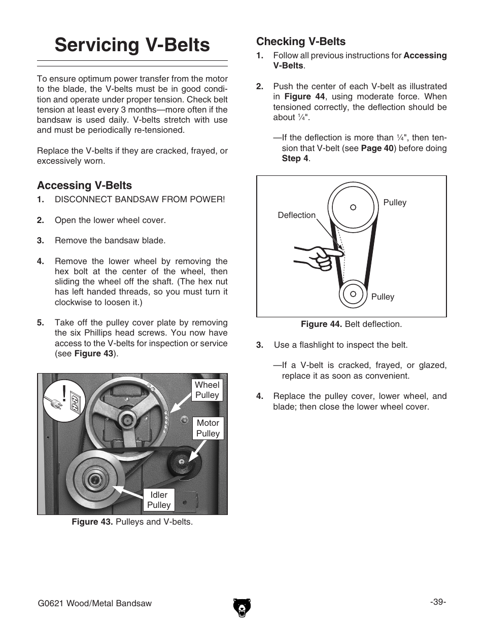 Servicing v-belts, Accessing v-belts, Checking v-belts | Grizzly G0621 User Manual | Page 41 / 60