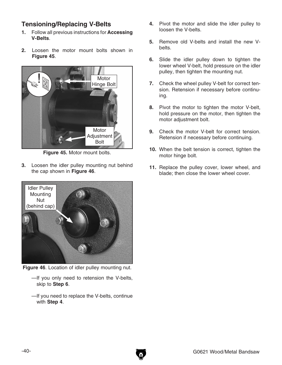 Tensioning/replacing v-belts | Grizzly G0621 User Manual | Page 42 / 60