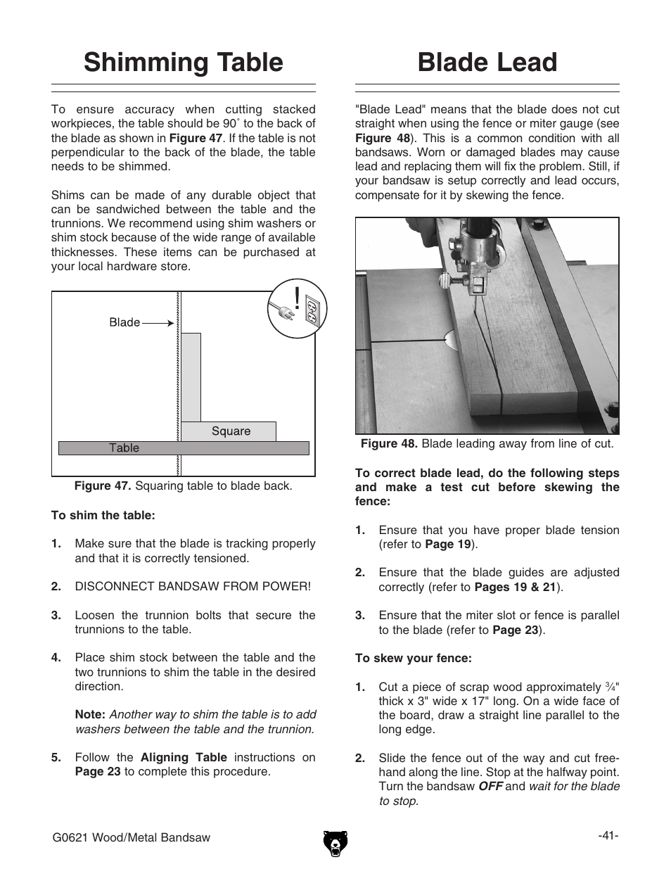 Shimming table blade lead | Grizzly G0621 User Manual | Page 43 / 60