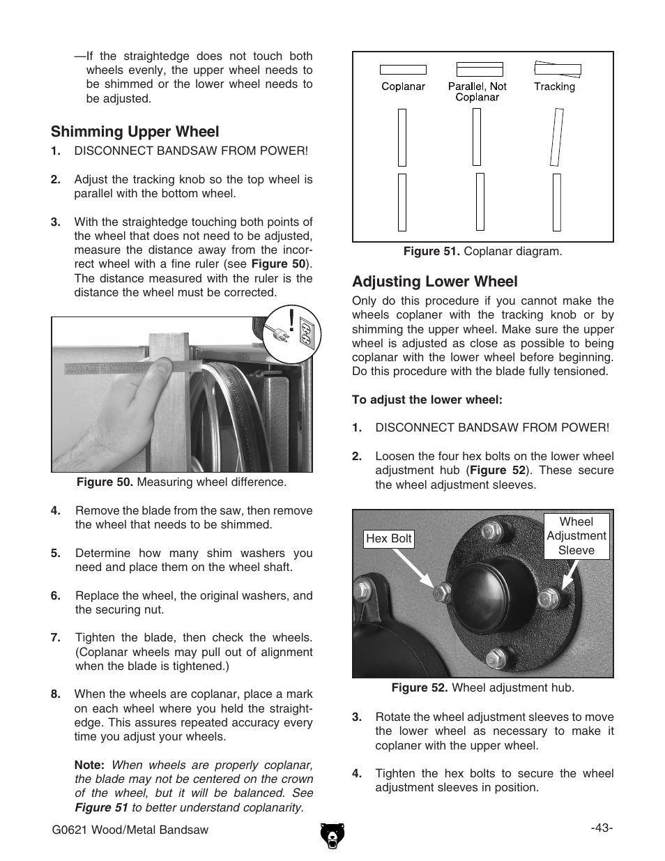 Shimming upper wheel, Adjusting lower wheel | Grizzly G0621 User Manual | Page 45 / 60