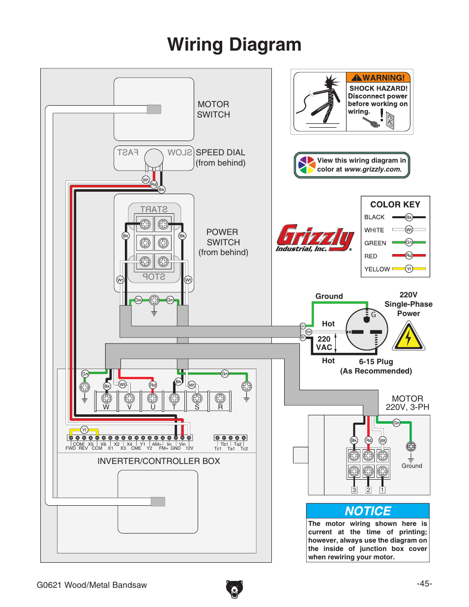 Wiring diagram, Rewire | Grizzly G0621 User Manual | Page 47 / 60