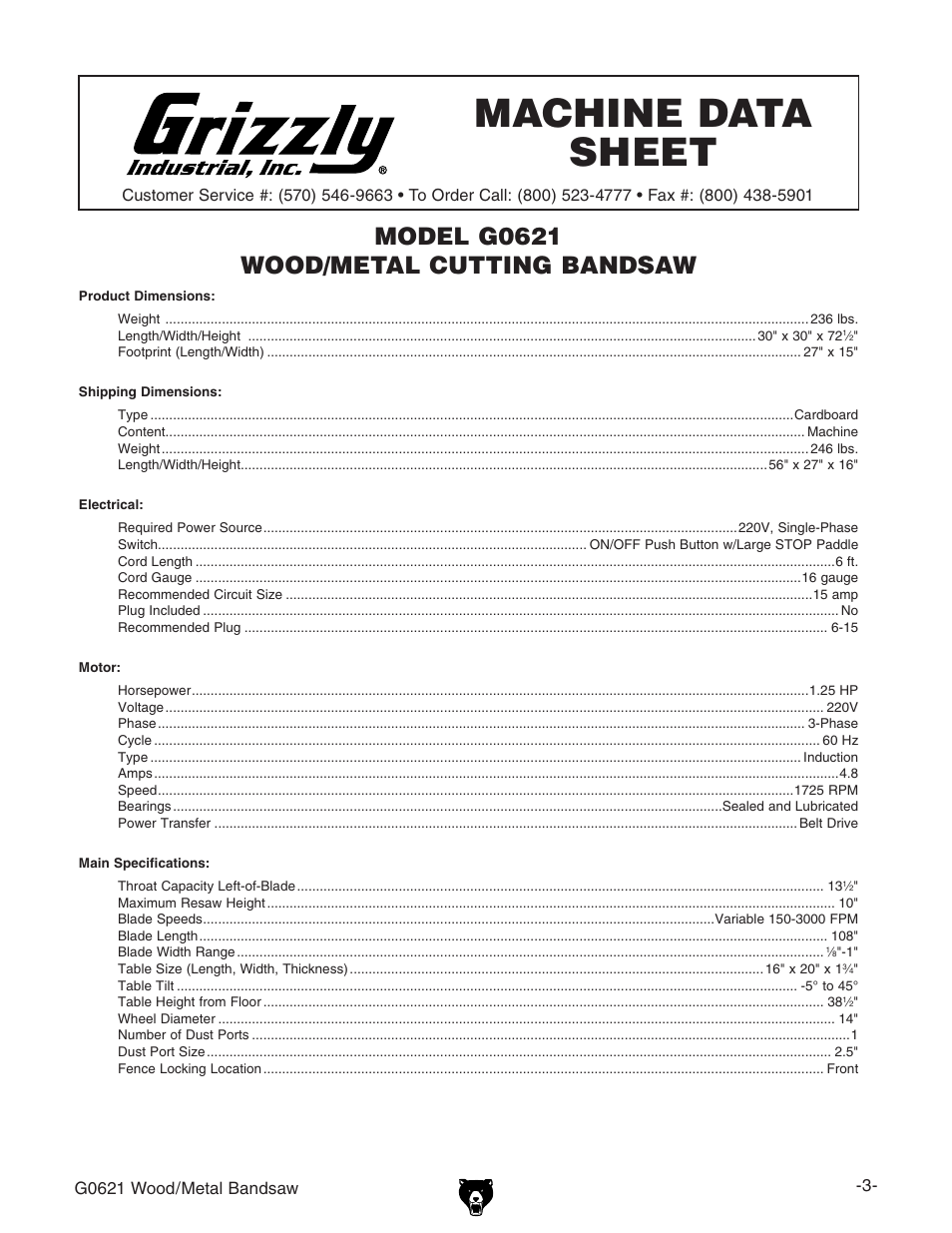 Machine data sheet | Grizzly G0621 User Manual | Page 5 / 60