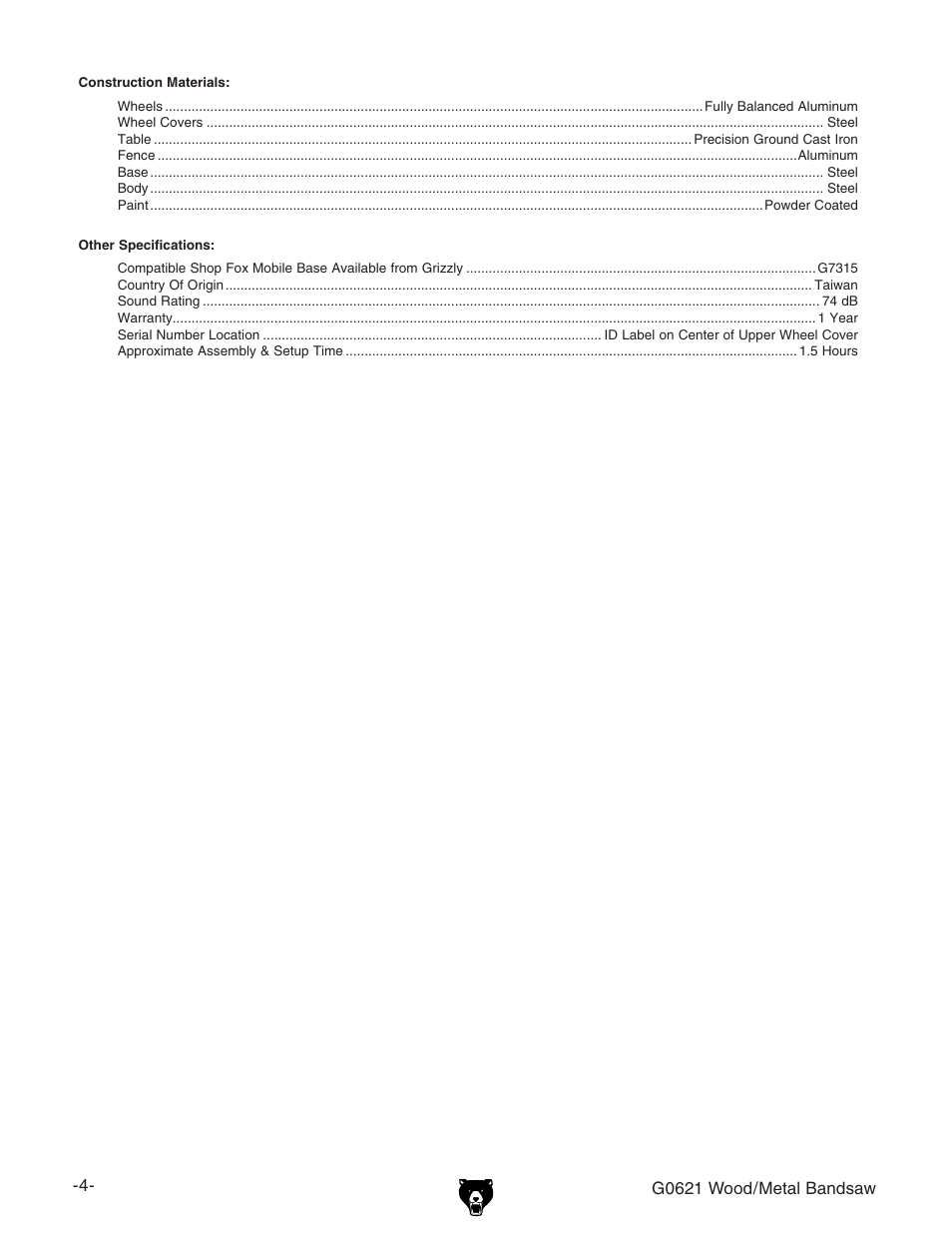 Grizzly G0621 User Manual | Page 6 / 60