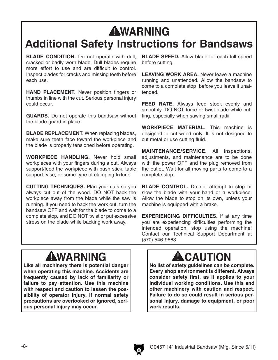 Additional safety instructions for bandsaws | Grizzly G0457 User Manual | Page 10 / 64