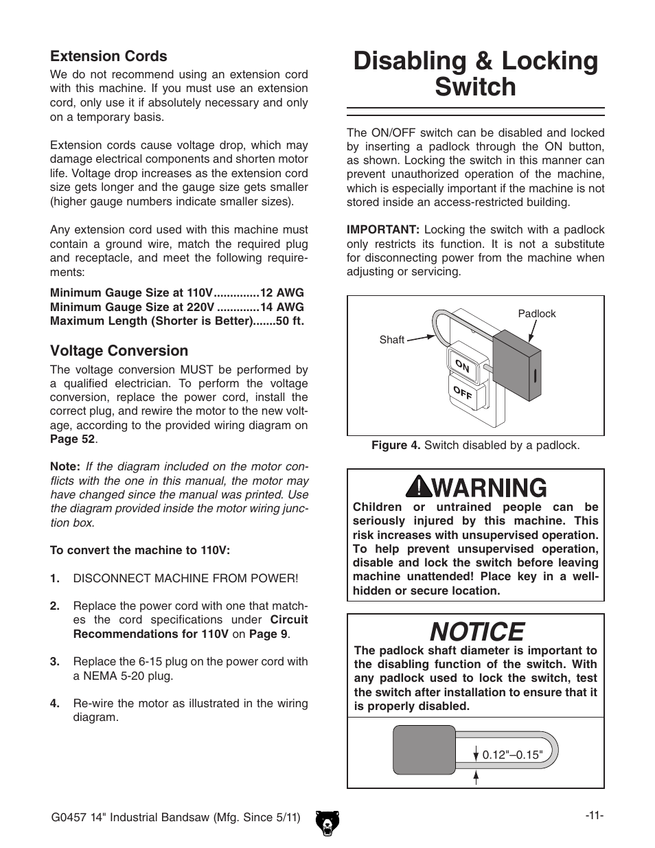 Disabling & locking switch, Notice | Grizzly G0457 User Manual | Page 13 / 64