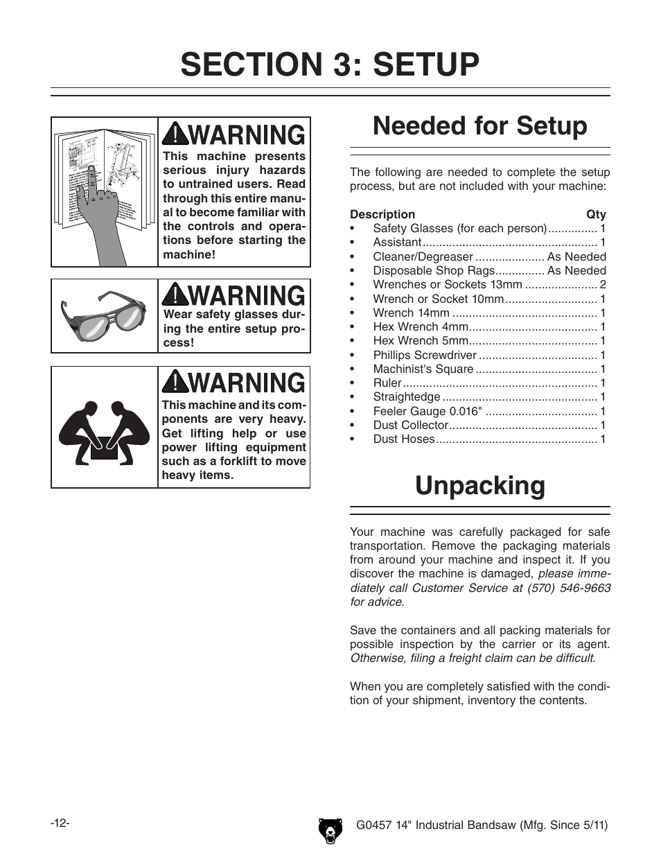 Needed for setup, Unpacking | Grizzly G0457 User Manual | Page 14 / 64