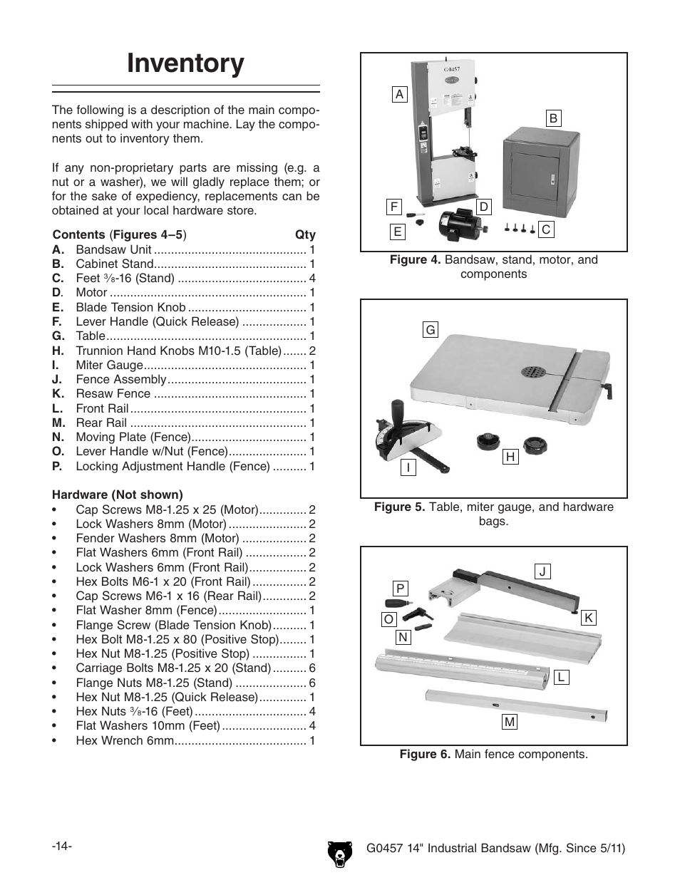Inventory | Grizzly G0457 User Manual | Page 16 / 64