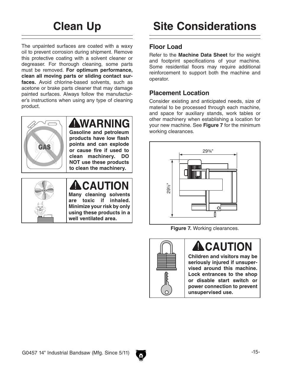 Site considerations, Clean up | Grizzly G0457 User Manual | Page 17 / 64