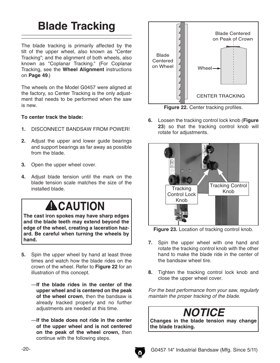 Blade tracking, Notice | Grizzly G0457 User Manual | Page 22 / 64