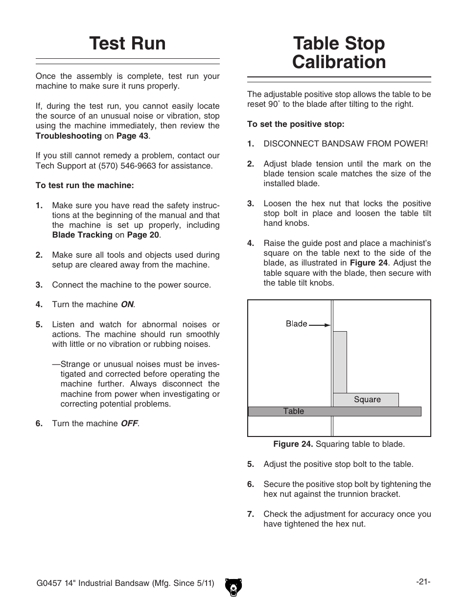 Test run, Table stop calibration | Grizzly G0457 User Manual | Page 23 / 64