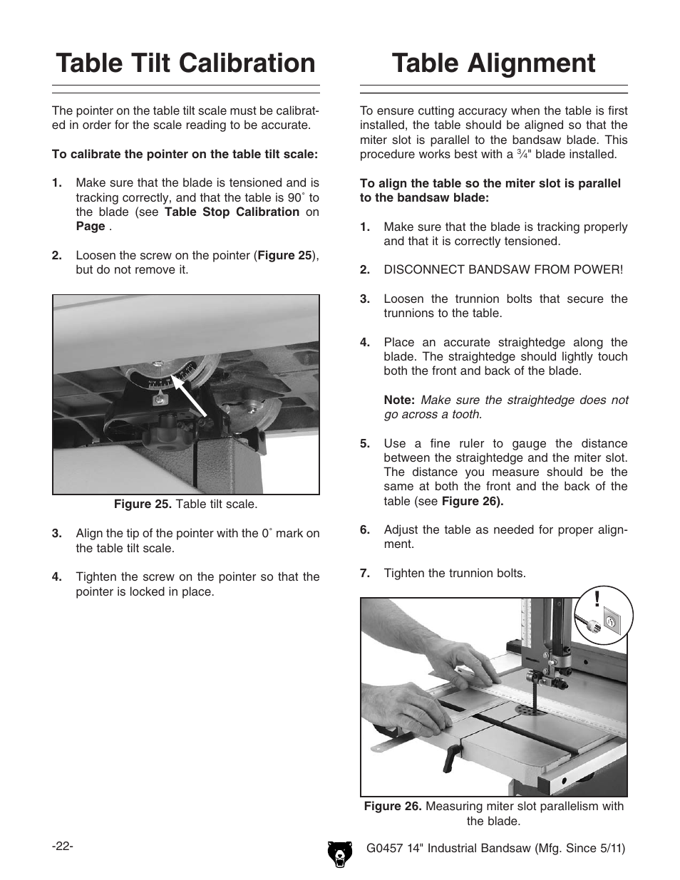 Table tilt calibration, Table alignment | Grizzly G0457 User Manual | Page 24 / 64