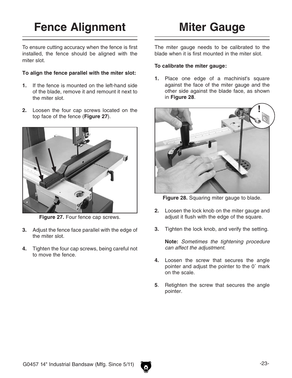 Fence alignment, Miter gauge | Grizzly G0457 User Manual | Page 25 / 64