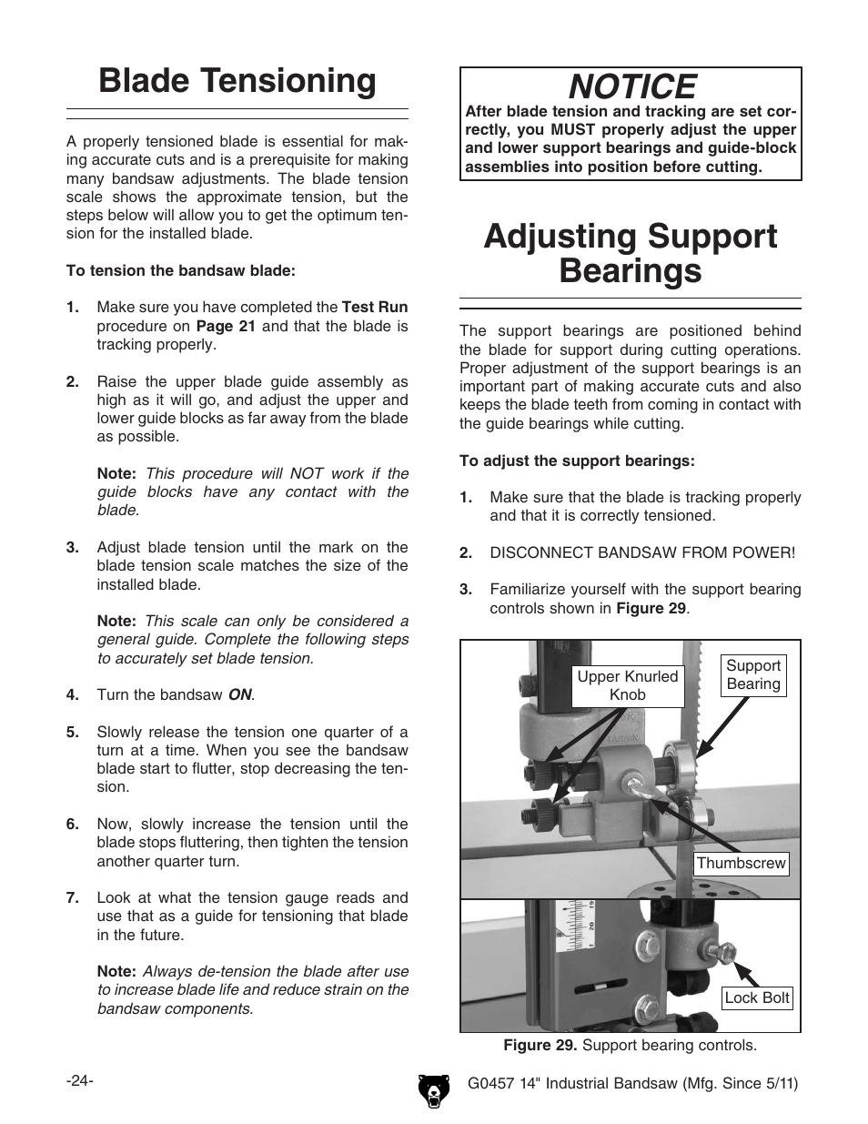 Blade tensioning, Notice, Adjusting support bearings | Grizzly G0457 User Manual | Page 26 / 64