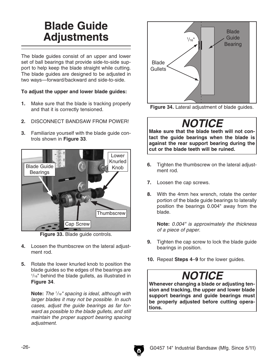 Blade guide adjustments, Notice | Grizzly G0457 User Manual | Page 28 / 64