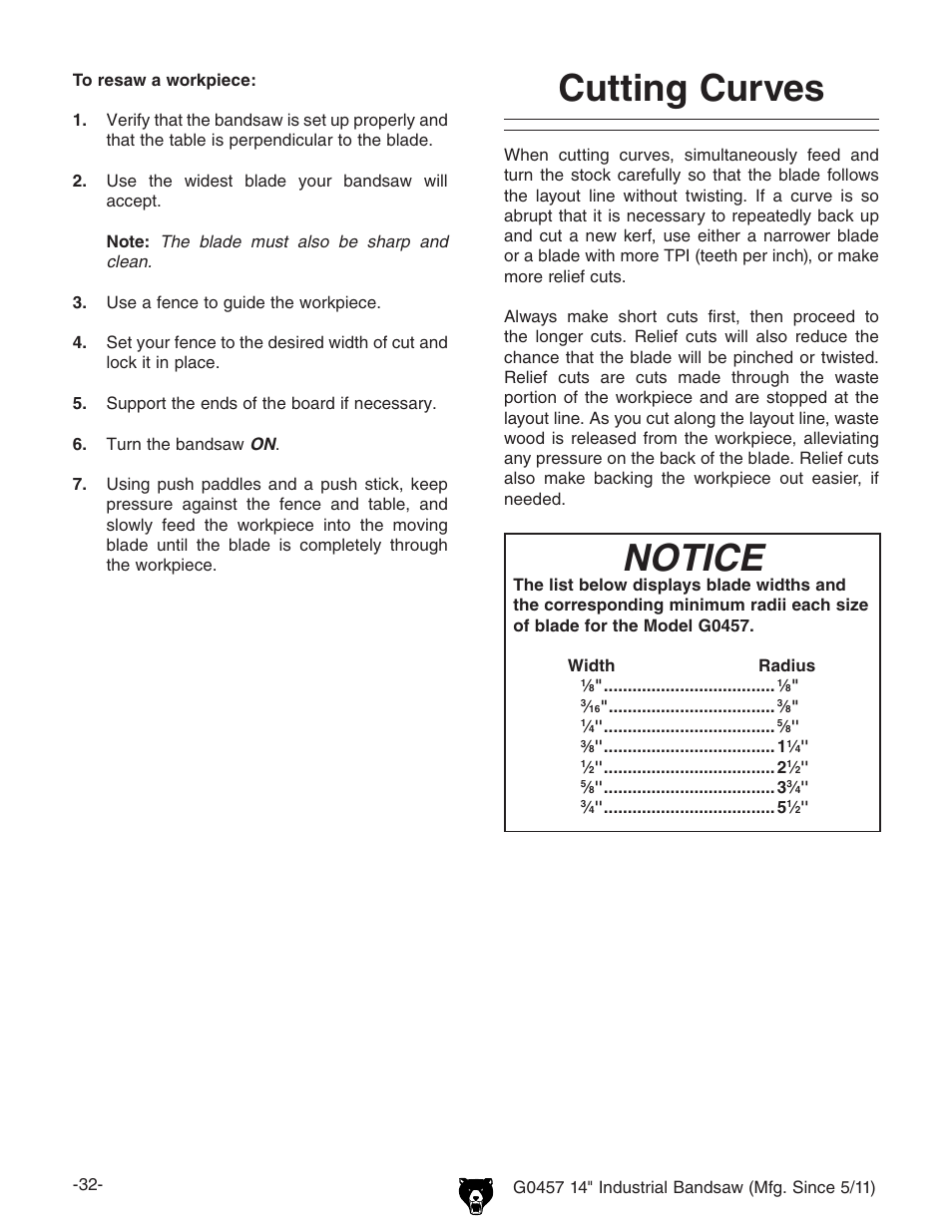 Cutting curves, Notice | Grizzly G0457 User Manual | Page 34 / 64